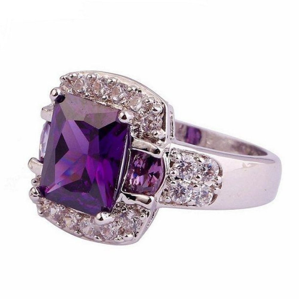 Ring Amethyst Emerald Cut Halo Three Stone RA3